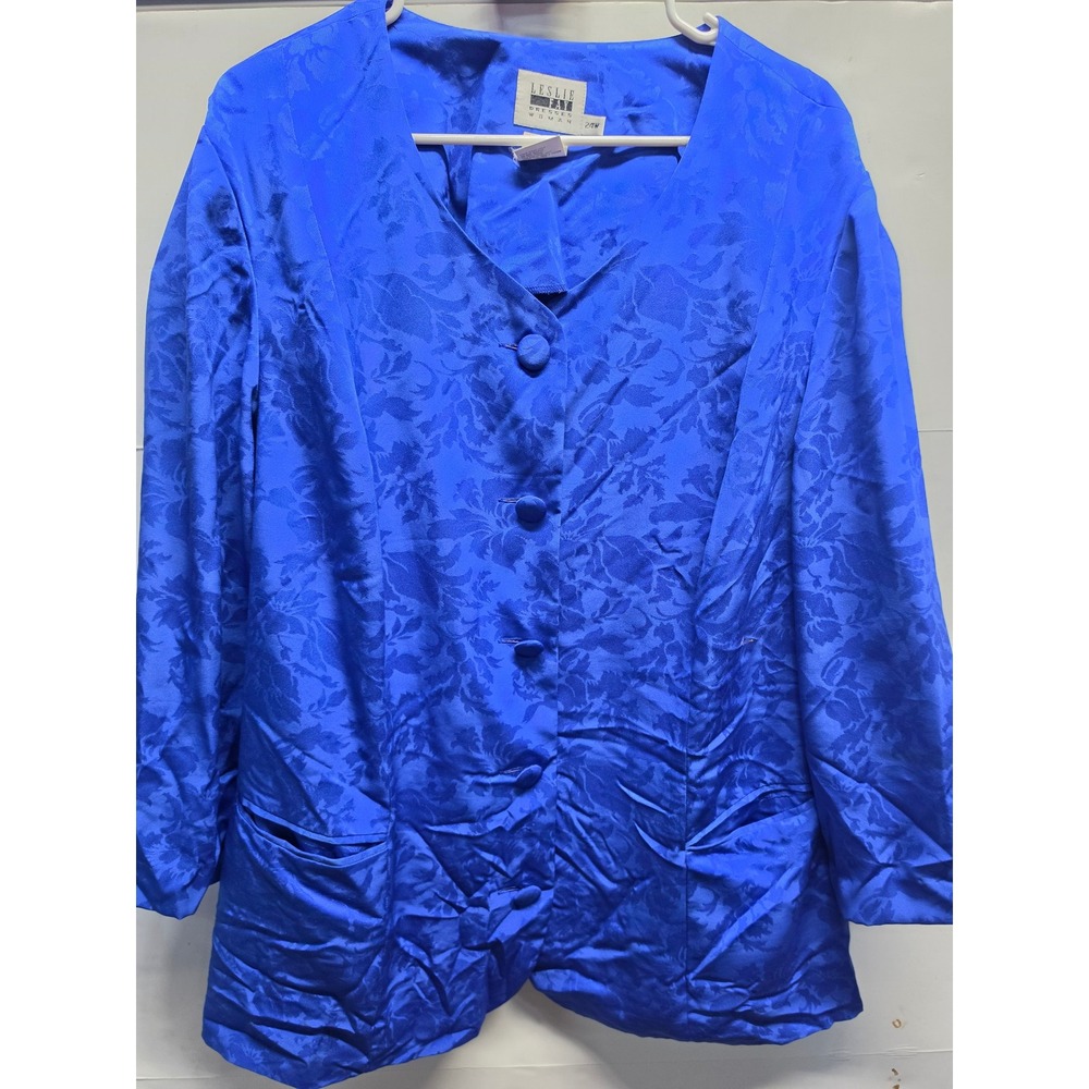 Leslie Fay Woman Vintage Royal Blue Floral Jacquard Blazer Jacket Plus Size 24W